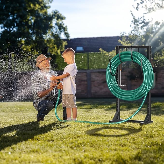 Garden Hose Holder Water Hose Holder with 4 Spikes, Freestanding Hose Hanger Outdoor Hold Stand Heavy Duty 6 Hooks Metal Garden Hose Storage Hose Reel Rack for Outside (Black)