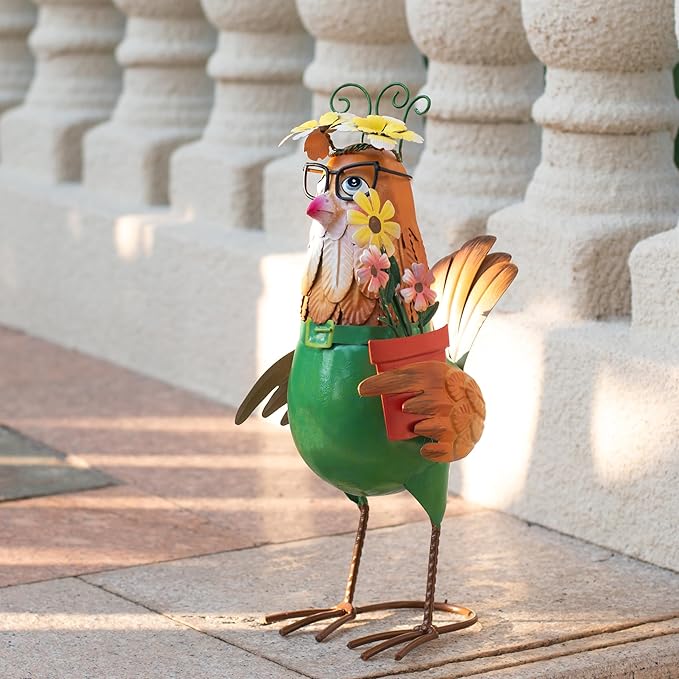 Natelf Metal Chicken Statue for Outdoor Decor Cute Rooster Hen Garden Sculpture with Vintage Glasses, Weather-Resistant Farmhouse Art for Yard, Patio, Coop, or Housewarming Gift for Mom, Friends