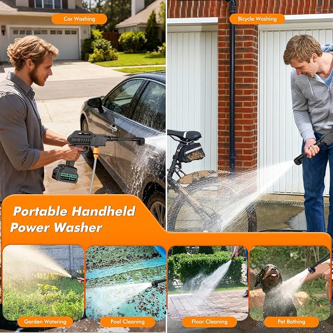 Cordless Pressure Washer Gun, 1160PSI Portable Pressure Washer Cordless, Portable Car Washer with 2 Battery&6-in-1 Nozzle&5m Hose Cordless Jet Washers Handheld Power Washer for Home/Yard/Fence/Garden