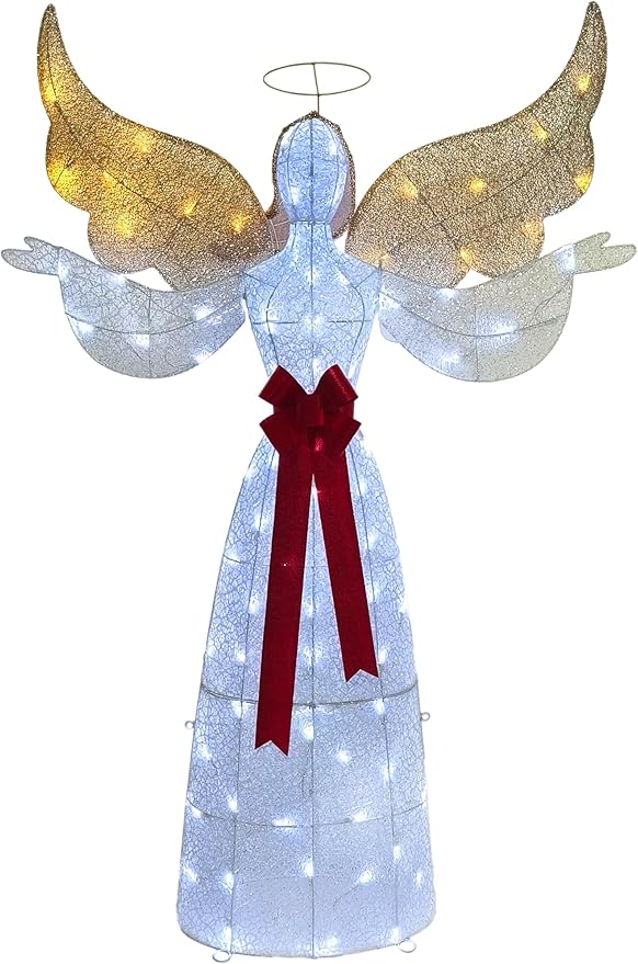 65" Lighted Angel Christmas Decoration, 3D Halo Angel with Golden Wings, White LED Lights, Outdoor/Indoor Use