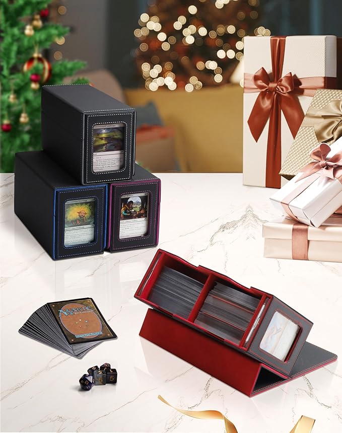 MRAUF MTG Deck Box with Double Commander Display and Dice Tray, Fits 200+ Double Sleeved Cards, Card Storage Box Plus 2 Magnetic Holders& 100Pcs Card Sleeves (Black)