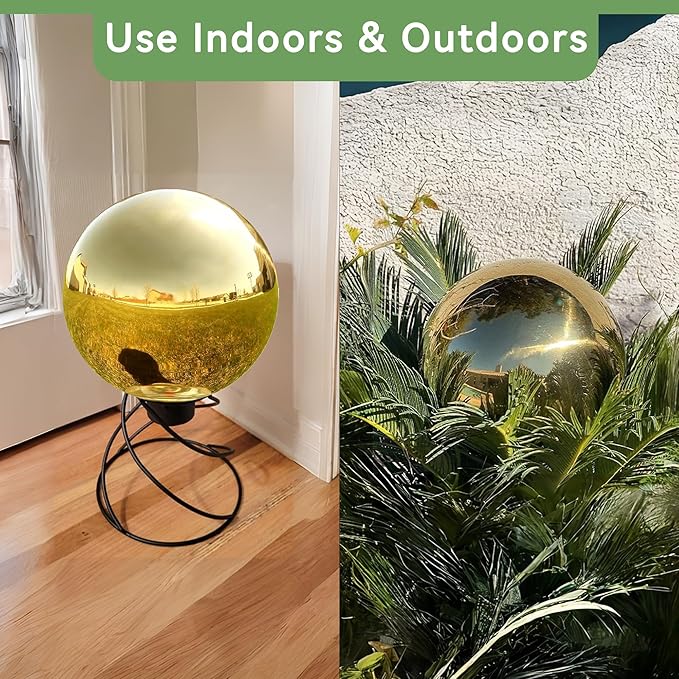 Lily's Home Stainless Steel Gazing Globe Mirror Ball, Colorful and Shiny Addition to Any Garden or Home. Shiny Gold.