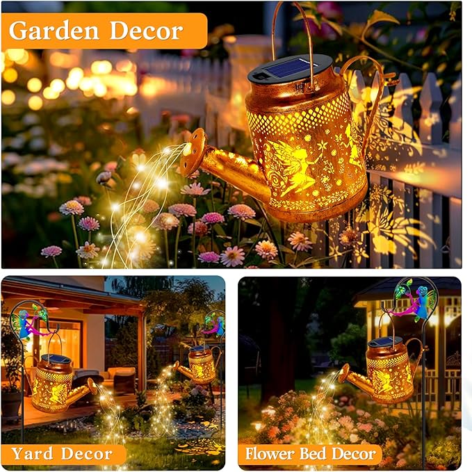 Solar Lanterns Outdoor Waterproof,Metal Watering Can Garden Decor,Fairy Hanging Solar Path Lights Yard Art,Outside Patio Decorations Gardening Birthday Gifts for Mom Grandma Women(with Shepherd Hook)