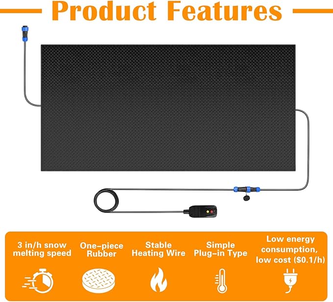 Snow Melting Mats Outdoor for Walkways, 30 x 60 in No-Slip Heated Outdoor Mats with 10 ft Power Cord, 3 in/h Speed Snow and Ice Melting Pads for Winter Backyards Snow Removal