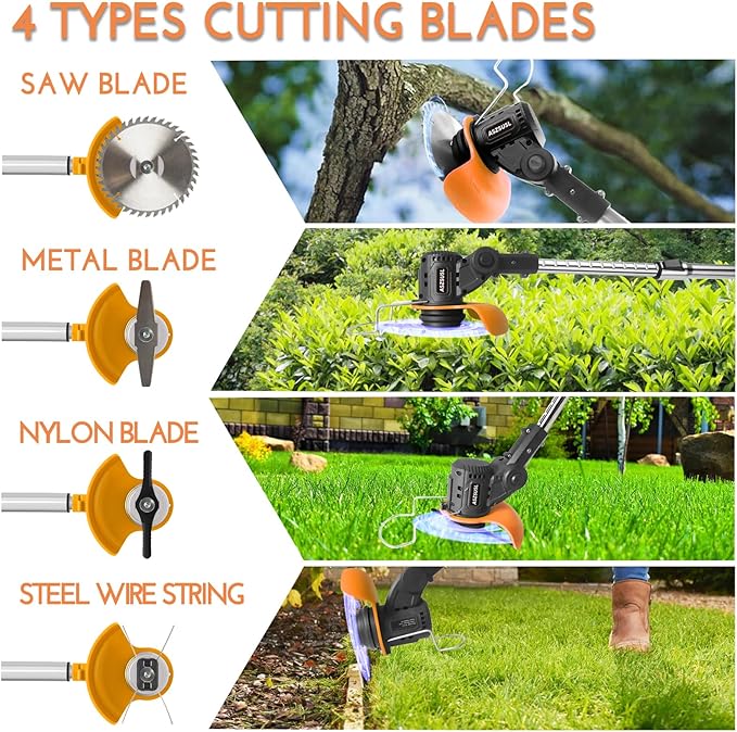 Stringless Weed Wacker Electric, 21V Battery Powered Weed Eater with 2 * 2.0Ah Battery, Charger & 5 Types Blade Lightweight Grass Trimmer for Garden Yard Lawn Work