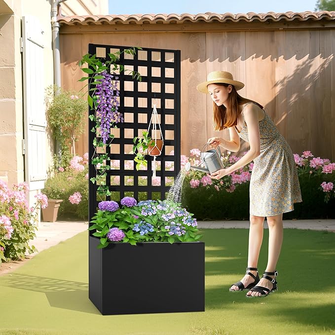 Metal Planter Box with Trellis, Heavy-Duty Raised Garden Bed for Climbing Plants, Drainage Hole, Outdoor Planter Box with Privacy Screen,24''L×12''W×63''H