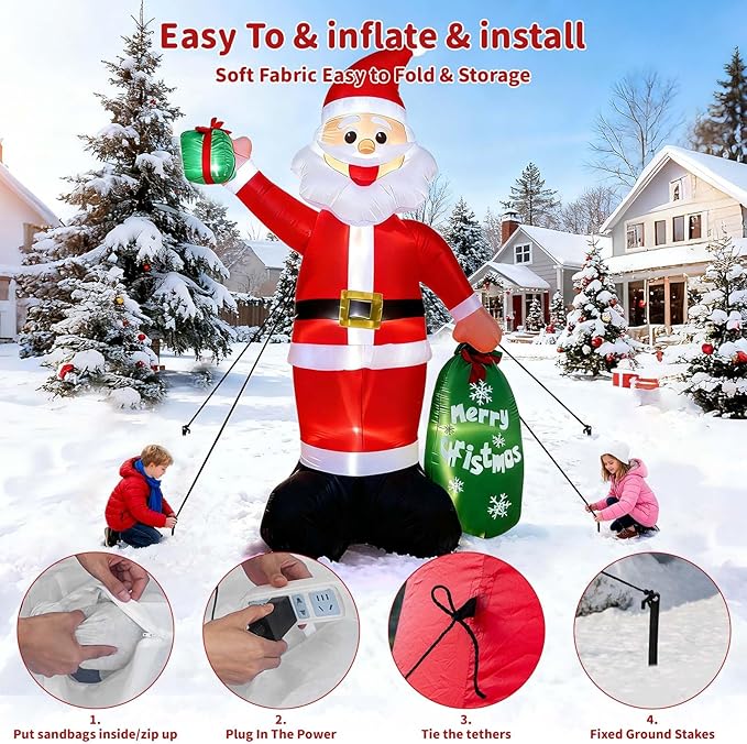 12FT Giant Christmas Inflatable Santa Claus with LED Lights and Gift Bag, Outdoor Blow Up Decorations for Yard, Indoor Holiday Party, Built-in Lights, Weatherproof, Includes Stakes & Sandbags