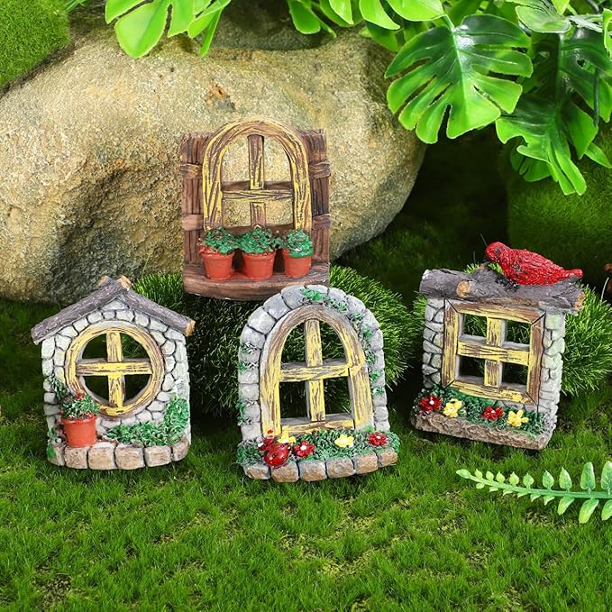 VOSAREA 4PCS Fairy Garden Windows and Door Set - Miniature Resin Gnome House Accessories for Outdoor Decor - for Trees Yards and Micro Landscapes