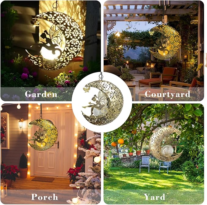 Solar Garden Fairy Statues Decor Hanging Lights,Outdoor Moon Decorations Metal Yard Art,Housewarming for Patio,Wall,Fences,Trail,Great Gift Idea for Gardening Mom and Grandma