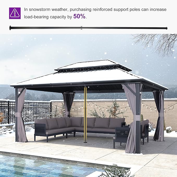 PURPLE LEAF 12'x16' Hardtop Gazebo with Lights Permanent Aluminum Double Roof on Galvanized Steel Frame Outdoor Patio Gazebo Including Netting and Curtains for Backyard Lawn Garden Grey