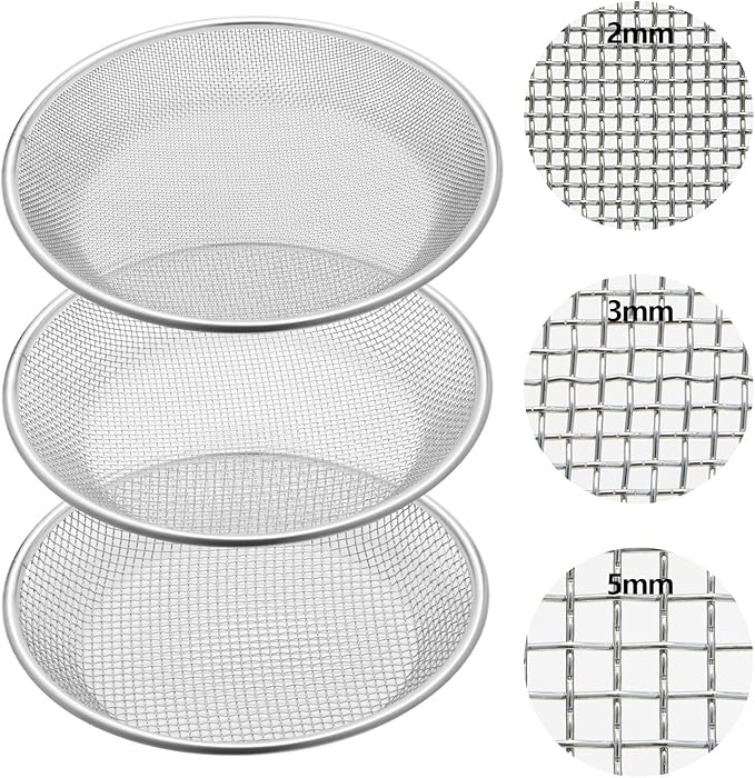 Yaomiao 3 Pack Stainless Steel Sand Sifter Garden Soil Sifter for Rocks Compost Sieve Garden Potting Lawn Soil Sieve for 5 Gallon Bucket, 0.08/0.12/0.2 Inch Mesh Screen