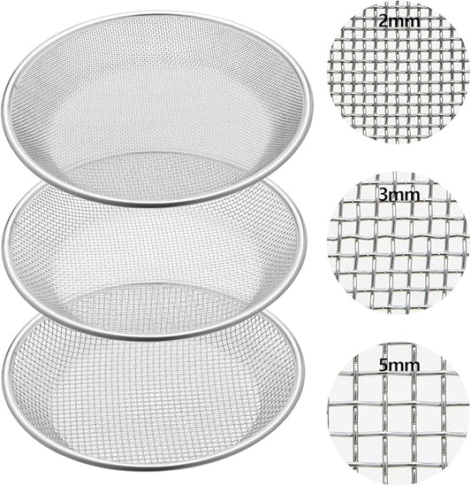 Yaomiao 3 Pack Stainless Steel Sand Sifter Garden Soil Sifter for Rocks Compost Sieve Garden Potting Lawn Soil Sieve for 5 Gallon Bucket, 0.08/0.12/0.2 Inch Mesh Screen