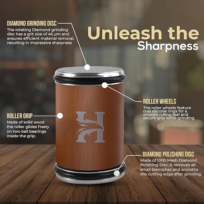 High Carbon Stainless Steel Rolling Knife Sharpener with 400, 1000 & 3000 Replacement Discs - Blunt Knife Sharpening Kit with 15 and 20 Degree Sharpening for Kitchen & Chef's Knives