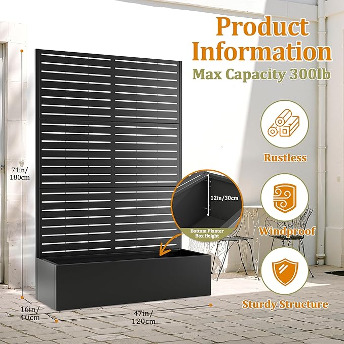 Metal Planter Box with Trellis, Heavy-Duty Raised Garden Bed for Climbing Plants, Drainage Hole, Outdoor Planter Box with Privacy Screen,47''L×16''W×71''H