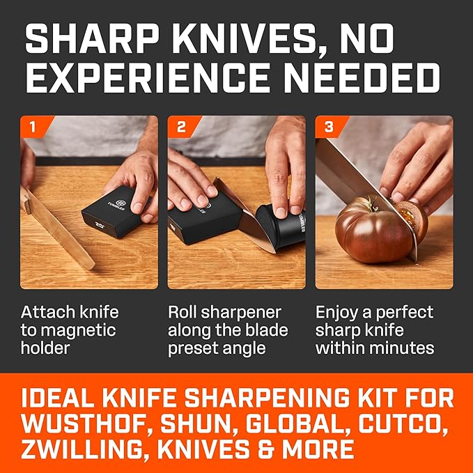 TUMBLER Pro Rolling Knife Sharpener™ - Knife Sharpening Made Easy - Rolling Knife Sharpening Kit with Removable Disc System - Includes 4-Layer Diamond Sharpening Disc & EdgeBoost Ceramic Disc (Black)
