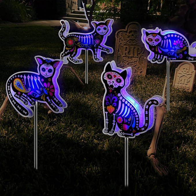 Retisee 4 Pack Halloween Black Cat Solar Lights Outdoors Solar Cat Lamp Yard Decorations Halloween Party Favors Waterproof Lights for Pathway Lawn Porch Warm White LED