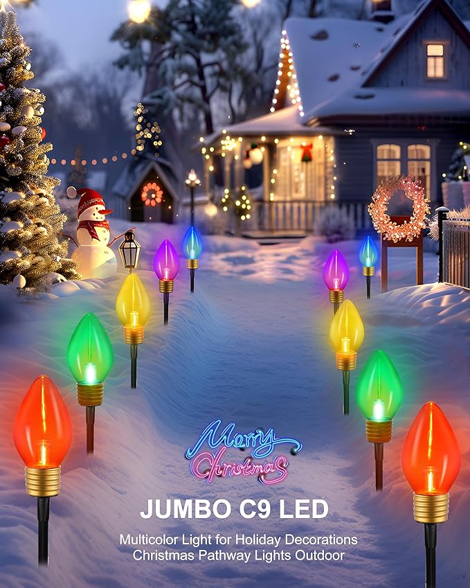 10 Jumbo C9 Pathway Lights Outdoor, 11Ft 2 Pack 5 LED Giant Bulbs, Large Outdoor Christmas Decor for Holiday Lawn Yard Garden, Big Christmas Lights Decorations, Multicolor