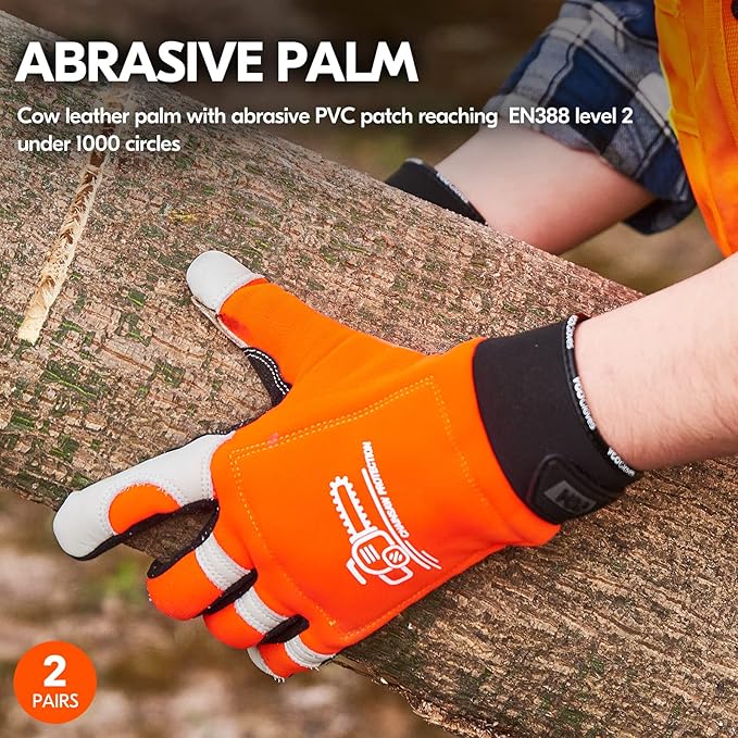 Vgo... 2 Pairs Chainsaw Gloves,Saw Protection on Both Hands Cow Leather Gloves (L, Orange, CA9760)