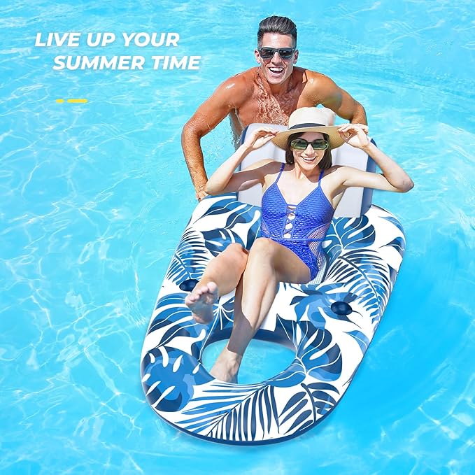 Pool Floats Adult 1-2-3 Person Inflatable Lounger, Extra Large Tanning Recliner Floaty Chair Raft with Backrest, Footrest, Cup Holder for Pool, Lake, River, Beach, Ocean & Party Use