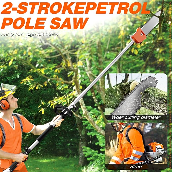 6 in 1 52cc Brush Weed Cutter Petrol Hedge Trimmer Grass Pruner Chainsaw Trimmer with Four Mowing Heads for Gardening Care