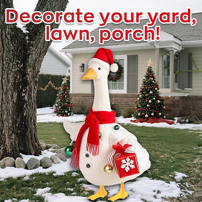Christmas Snowman Porch Goose Outfits for Large 23" High Cement or Plastic Goose Statue, Yard Goose Cloths with Christmas Hat and Snowflake Gift Box Decor for Outdoor Lawn Gaden Patio