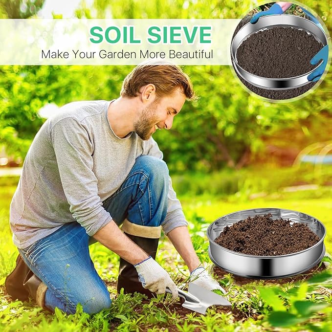 2 Pcs Soil Sifter and Shovel, Stainless Steel Sand Sifter for Gardening, Dirt Sifter Strainer for Sand Rocks Dirt Seed Compost, 11.8 inch