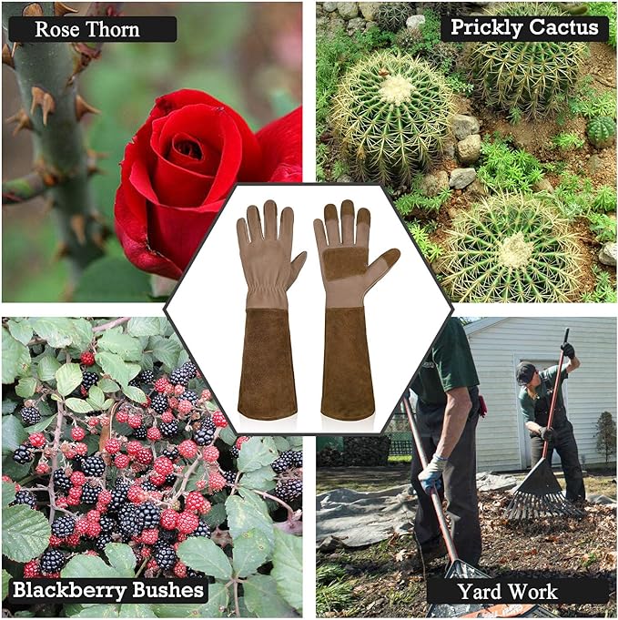 HANDLANDY Long Gardening Gloves for Men & Women, Cowhide Leather Rose Pruning Gloves- Breathable & Durable Gauntlet Gloves (Small, Brown)