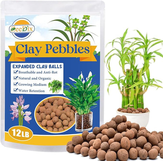 ZeeDix 12LB Expanded Clay Pebbles for Plants Hydroponic, 4mm-16mm Clay Leca Balls Hydroponic Rocks Growing Medium Potting Stones for Indoor Plants Drainage, Aquaponics, Natural Orchid Pebbles Balls