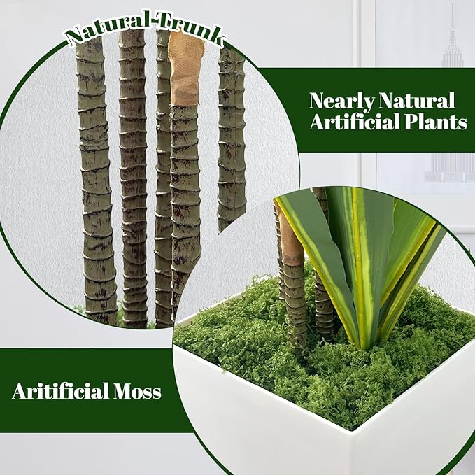 Artificial Dracaena Tree 5FT with White Tall Planter,Fake Green Plant with Natural Wood Trunk & Lifelike Leaves, Aritificial Yucca Plant for Home Office Decor,Housewarming
