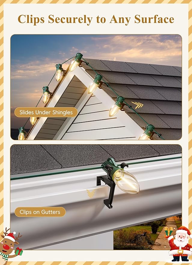 Universal Christmas Lights Shingle Clips, 200 Count All in One Gutter Clips, Shatterproof All Purpose Shingle Clips for C7/E12, C9/E17, Mini String Lights, Rope Lights, Christmas Decorations, Black
