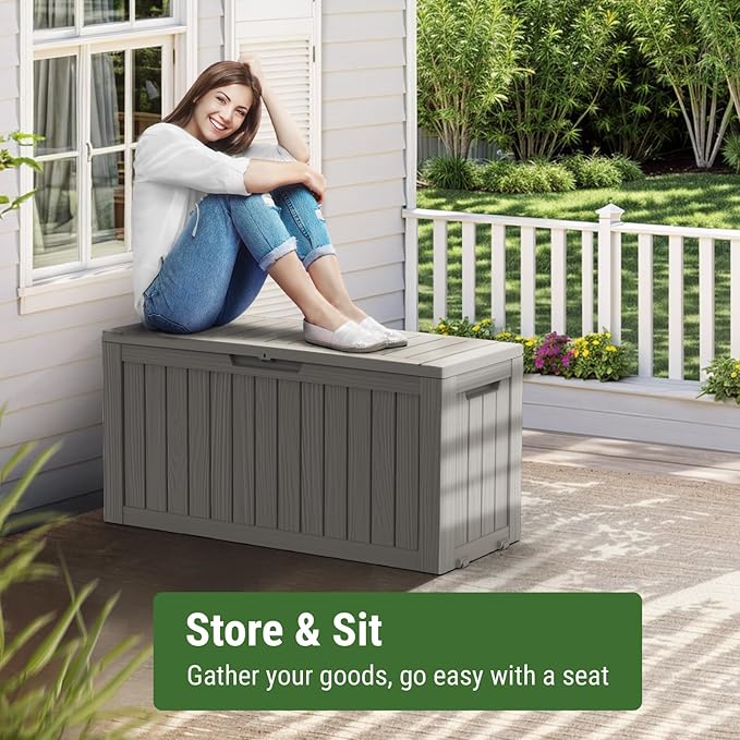 Mars Villa Deck Box, Waterproof Weatherproof and UV Resistant Resin Storage Bin with Lockable Lid, Ideal for, Outdoor, Patio Furniture Cushions, Pool Supplies, Garden Tools (72 Gallon, Light Brown)