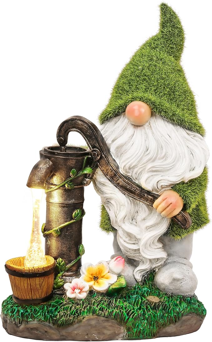 TERESA'S COLLECTIONS Garden Gnomes Decor with Solar Lights, Fathers Gifts, Green Outdoor Resin Decorations for Porch Patio, Gnome Ornaments for Dad and Mom,9"