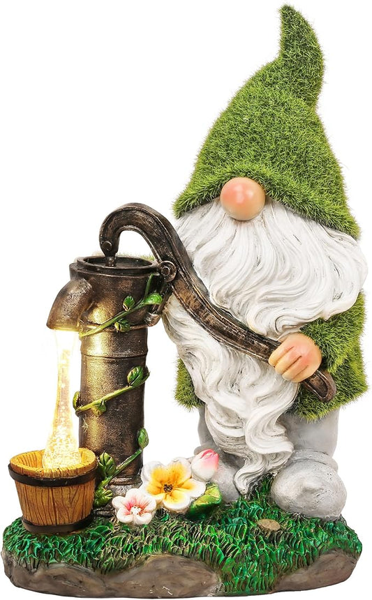 TERESA'S COLLECTIONS Garden Gnomes Decor with Solar Lights, Fathers Gifts, Green Outdoor Resin Decorations for Porch Patio, Gnome Ornaments for Dad and Mom,9"