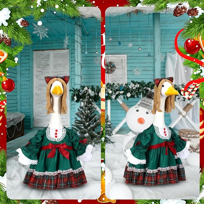 Soulchen 1 Set Christmas Green Porch Goose Outfit 23 Inch Winter Plaid Cement Goose Clothes Dress and Headdress Costume Set for Xmas Holiday Lawn Garden Yard Decor