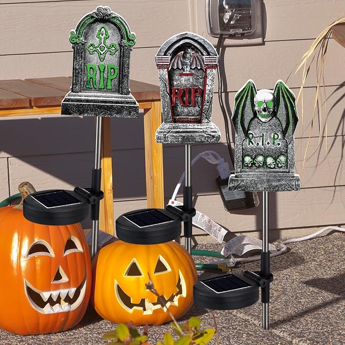 Retisee 4 Pack Halloween Tombstone Solar Lights Outdoors Graveyard Tombstones Glow in The Dark Solar Yard Decorations Waterproof Lights Pathway Halloween Party Favors for Lawn Porch LED(Gravestone)