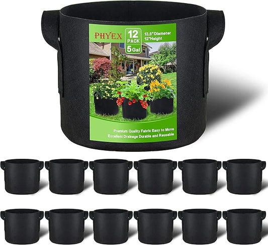 PHYEX 12-Pack 5 Gallon Grow Bags, Thickened 300G Nonwoven Fabric Pots with Reinforced Handles, Planting Bags for Healthy Root Growth, Vegetables, and Flowers, Come with 12 Pcs Plant Labels