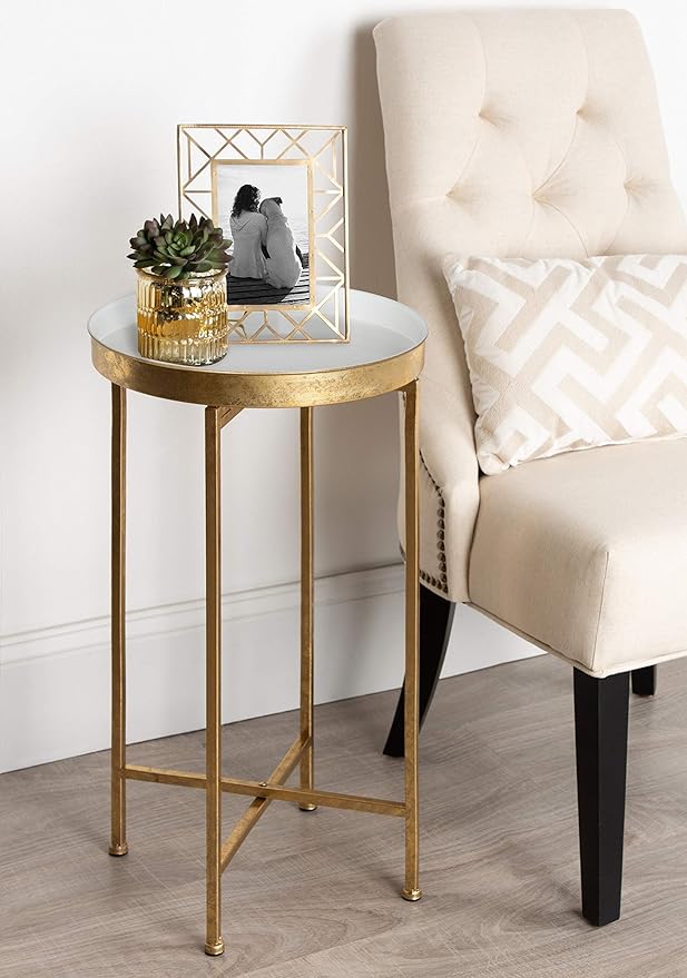 Kate and Laurel Celia Round Metal Foldable Tray Accent Table, White with Gold Base