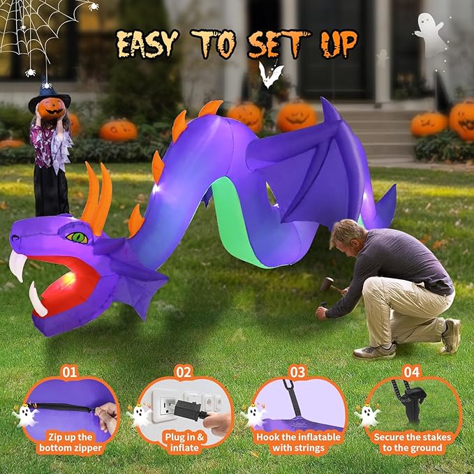 12FT Halloween Inflatables Outdoor Decoration, Large Flying Dragon with Openning Red Mouth Blow Up, Giant Outside Hanging Inflatable with 7 LEDs Light Up for Holiday Yard Lawn Patio Parties Display