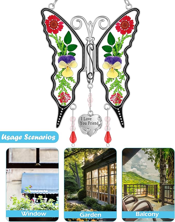 KY&BOSAM Butterfly Suncatcher I Love You Friend Gift Stain Glass Sun Catcher for Window Hanging Wind Chime with Pressed Flower Wings in Glass and Heart Charm Birthday Gift for Mother`s Day Christmas