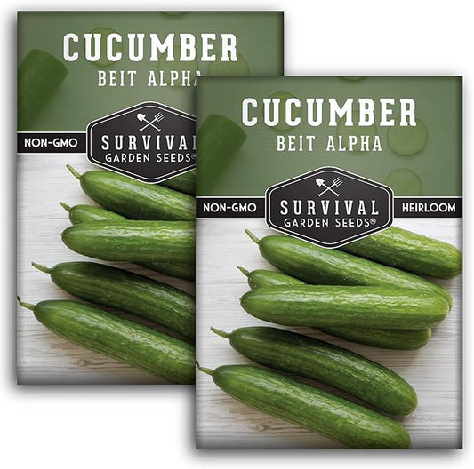 Survival Garden Seeds - Beit Alpha Cucumber Seed for Planting - Pack with Instructions to Plant and Grow Smooth Green Burpless Cucumbers in Your Home Vegetable Garden - Non-GMO Heirloom Variety - 2