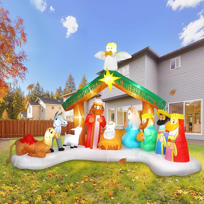 Elegear 12FT Christmas Inflatables Nativity Scene Outdoor Decorations, Giant Christmas Blow Ups Inflatables with Built-in LED Lights & Manger Scene, Large Nativity Set Outdoor for Yard Lawn Xmas Decor