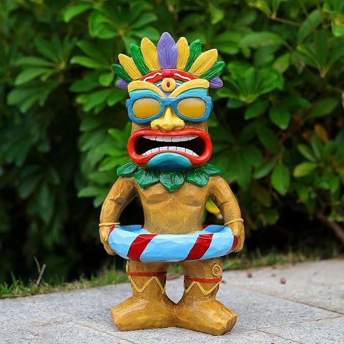 Tiki Statue with Swim Ring - Tiki Bar Decorations Outdoor Decor, Garden Statue with Solar Light for Patio Porch Poolside Balcony - Yard Art Lawn Ornaments Figurine Gardening Gift for Tiki Lover