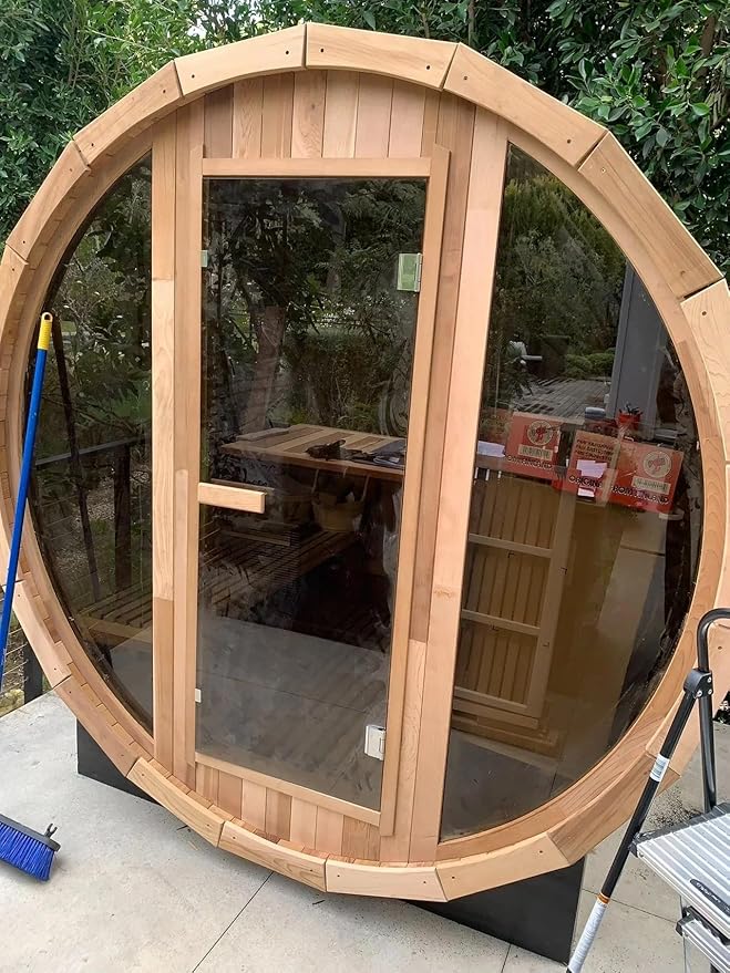 Outdoor Wooden Full Glass Door Barrel Sauna, 4 Person Sauna Room 220V, 6kw ETL Electric Heater, Accessories and Asphalt Shingle Roof (Helmock)