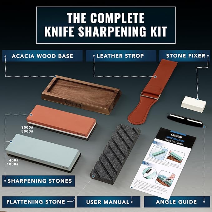 Cutluxe Whetstone Knife Sharpener – Sharpening Stone Kit, Professional 4 Side Grit 400/1000/3000/8000, Non Slip Acacia Wood Base, Angle Guide, Black Flattening Stone, Leather Strop
