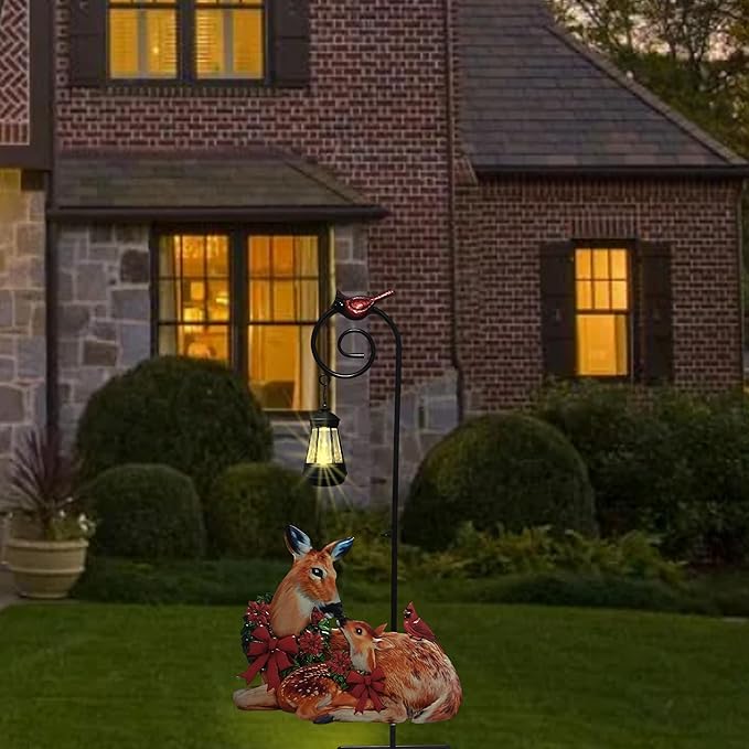 Solar Lights Reindeer Ground Stake Decor Metal Reindeer and Fawn Outdoor Sculptures Suitable for Outdoor Garden Courtyard and Lawn Christmas Decorations and Thanksgiving Gifts