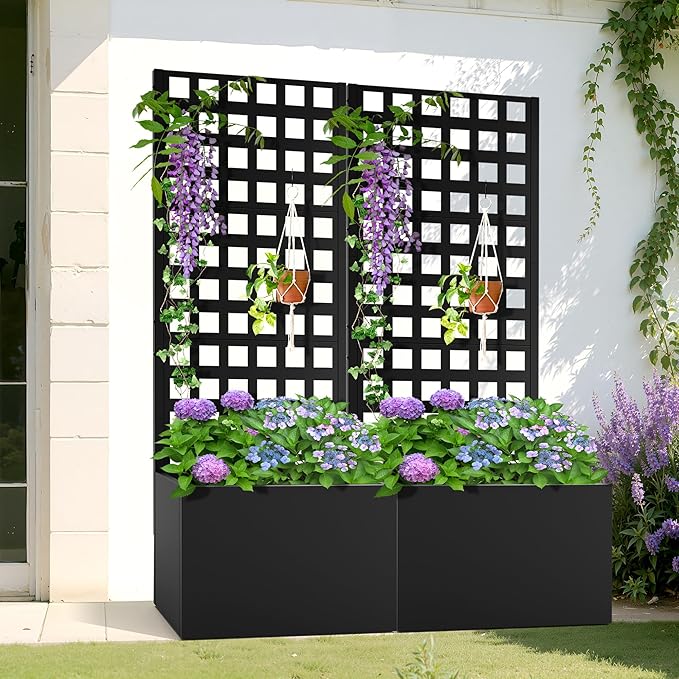 Metal Planter Box with Trellis, Heavy-Duty Raised Garden Bed for Climbing Plants, Drainage Hole, Outdoor Planter Box with Privacy Screen,24''L×12''W×63''H