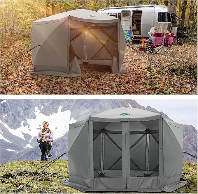 COBIZI 12x12ft Pop up Gazebo on Clearance Screen Canopy Tent for Camping, Camping Outdoor Screened Gazebo with Sidewalls, Portable Hub with Carrying Bag and Ground Stakes, Grey(Upgraded 2.0)