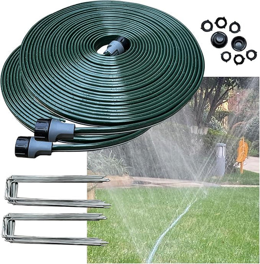 Watoo 2025 100 FT Flat Sprinkler Hose for Lawn Watering Garden Soaker Hose with Holes, Heavy Duty Lightweight No-Kink Water Hose with Stakes, Irrigation Hose, Great Fun for Kids and Dog