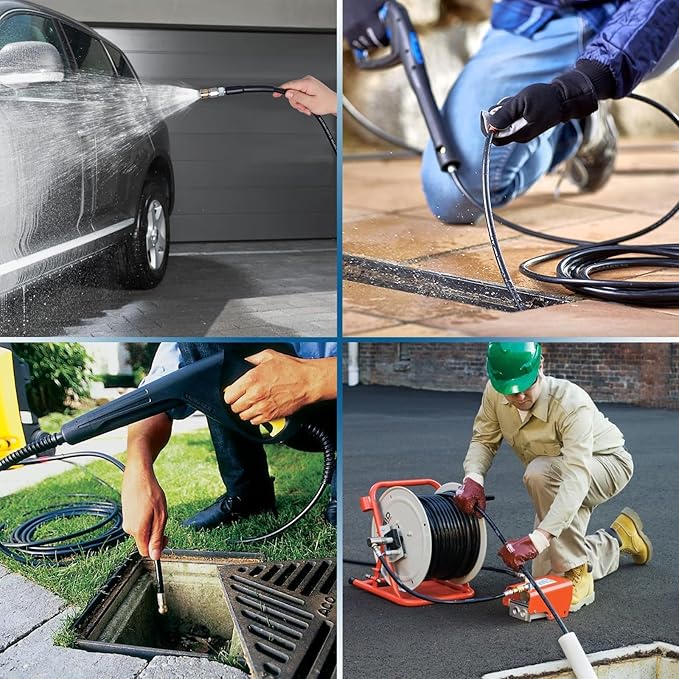 100FT Sewer Jetter Kit for Pressure Washer, 5800PSI Drain Cleaner Hose 1/4 Inch NPT Corner with 4 Sewer Jetting Nozzles,Waterproof Tape,Pearl Corsage Pin,Handle Strap & 2 Spanners (Black)