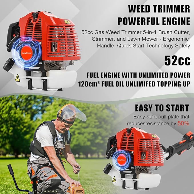 2-Stroke Weed Eater, 52cc Gas Weed Wacker 5 in 1 Gas String Trimmer Multi Functional Garden Trimming Tools with Rubber Handle & Shoulder Strap Brush Cutter for Lawn, Garden and Yard